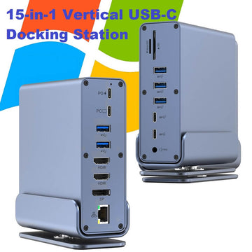 15 in 1 USB-C Docking Station 4K HD Vertical Hub with Triple Monitor 4K Display Dual HDMI + DP 5xUSB 3.0/2.0 PD 3.0